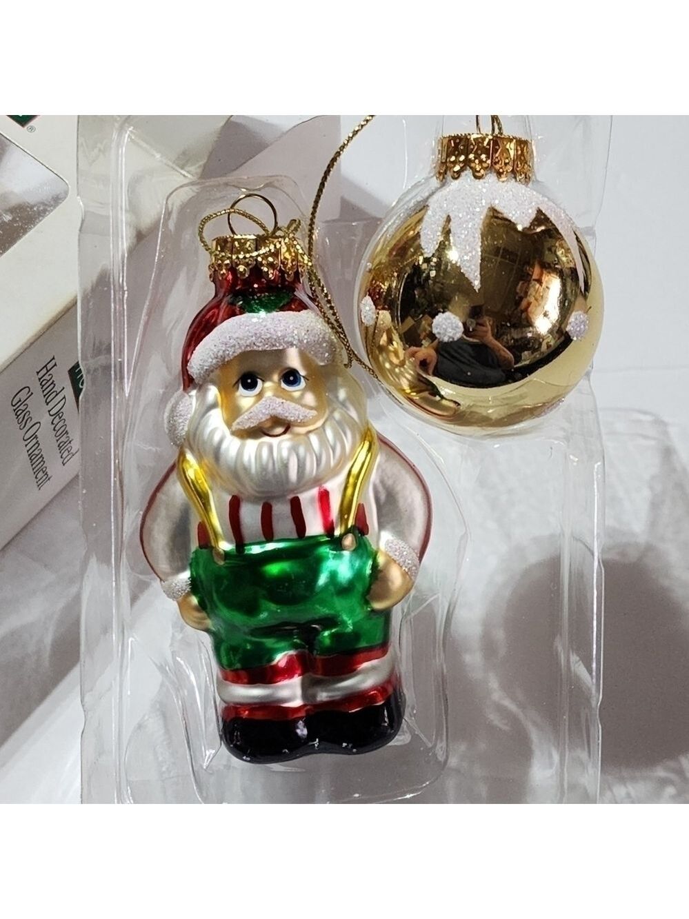 Vtg Holiday Home 2pc Ornament set Santa overalls Gold ball glass Hand Decorated